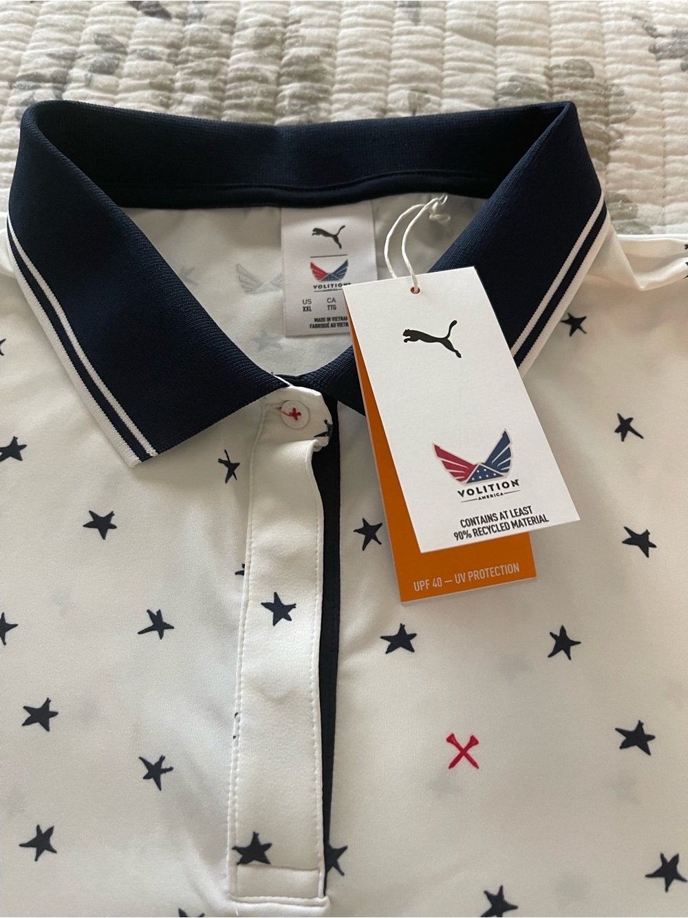 PUMA White Polo with Navy Star Print and Navy Collar
